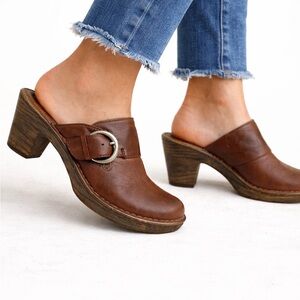 Born Brown Leather Buckle Mule Heels